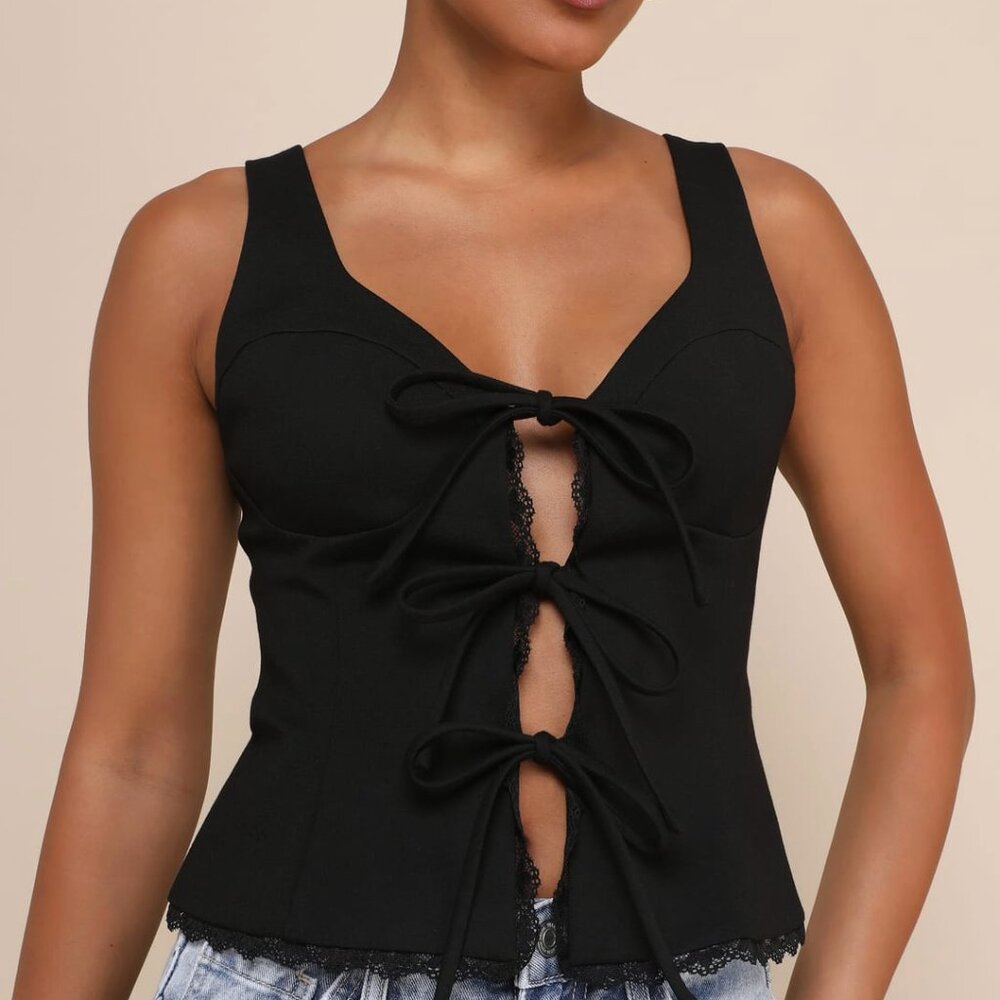 Sweetly Coy Black Sleeveless Bustier Tie-Front Top - Size L, NWT